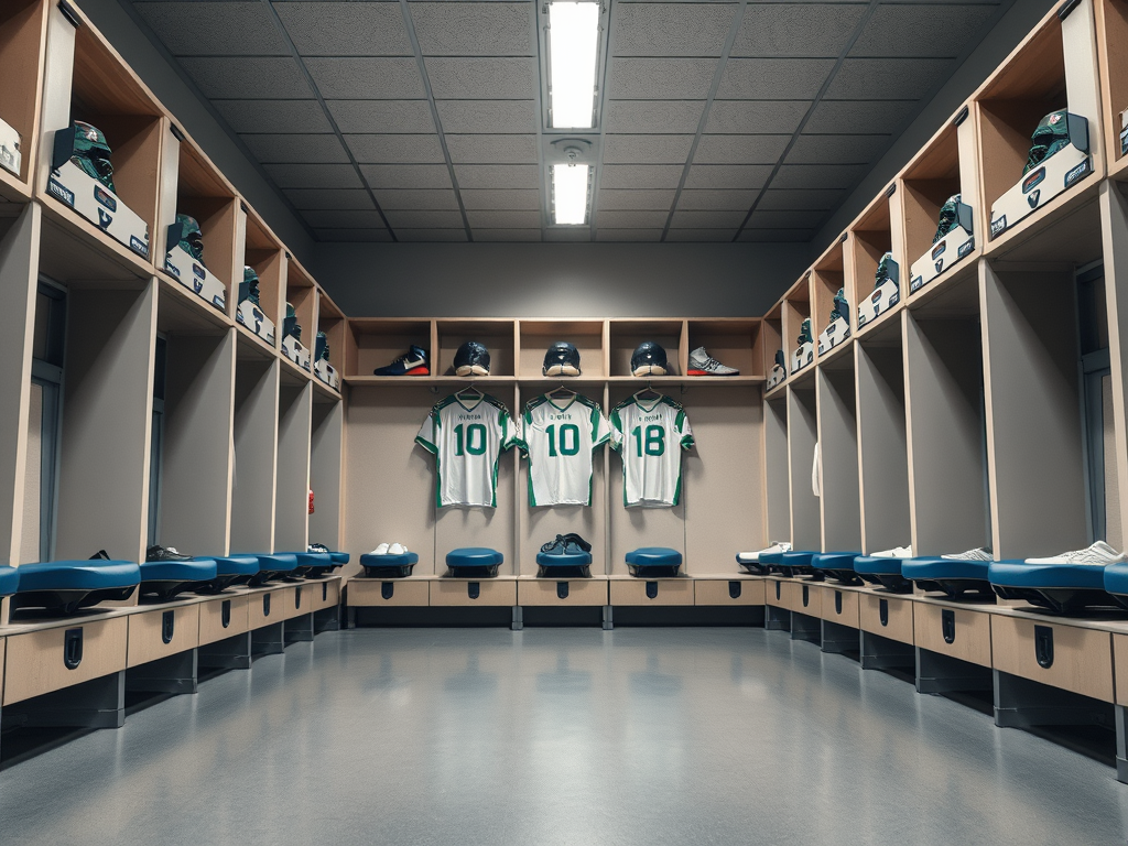 A spacious sports locker room featuring custom wooden lockers, neatly arranged jerseys, helmets, and seating for players.